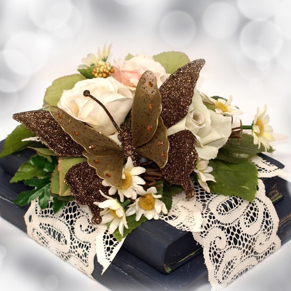Shabby Chic Floral Arrangement Centerpiece with Butterfly, Upcycled Altered Book - Picture 1 of 8